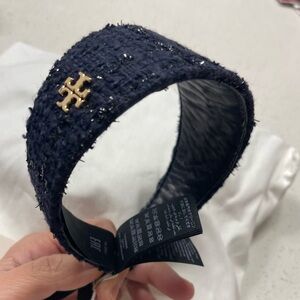 Tory Burch navy blue tweed with navy metallic threading One Size